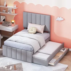 Okwish Lit Gigogne 90x200 cm - Lit enfant avec Tiroirs et Lit Gigogne, Revêtement en Lin, MDF et Métal - sans matelas - Gris