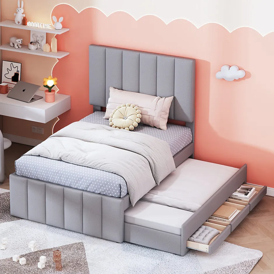 Okwish Lit Gigogne 90x200 cm - Lit enfant avec Tiroirs et Lit Gigogne, Revêtement en Lin, MDF et Métal - sans matelas - Gris