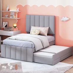 Okwish Lit Gigogne 90x200 cm - Lit enfant avec Tiroirs et Lit Gigogne, Revêtement en Lin, MDF et Métal - sans matelas - Gris