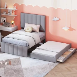 Okwish Lit Gigogne 90x200 cm - Lit enfant avec Tiroirs et Lit Gigogne, Revêtement en Lin, MDF et Métal - sans matelas - Gris
