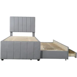 Okwish Lit Gigogne 90x200 cm - Lit enfant avec Tiroirs et Lit Gigogne, Revêtement en Lin, MDF et Métal - sans matelas - Gris