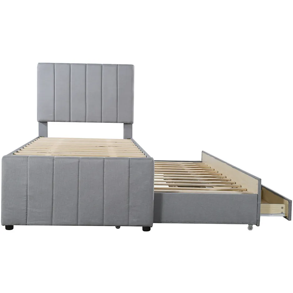 Okwish Lit Gigogne 90x200 cm - Lit enfant avec Tiroirs et Lit Gigogne, Revêtement en Lin, MDF et Métal - sans matelas - Gris