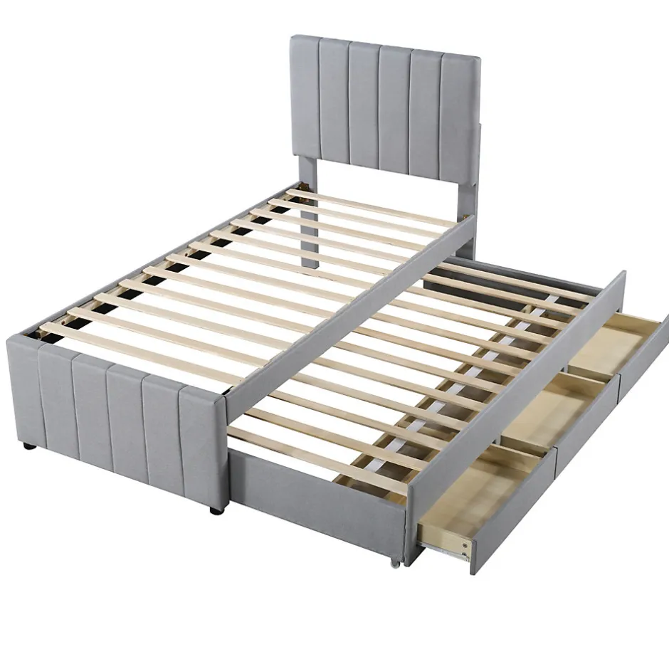Okwish Lit Gigogne 90x200 cm - Lit enfant avec Tiroirs et Lit Gigogne, Revêtement en Lin, MDF et Métal - sans matelas - Gris