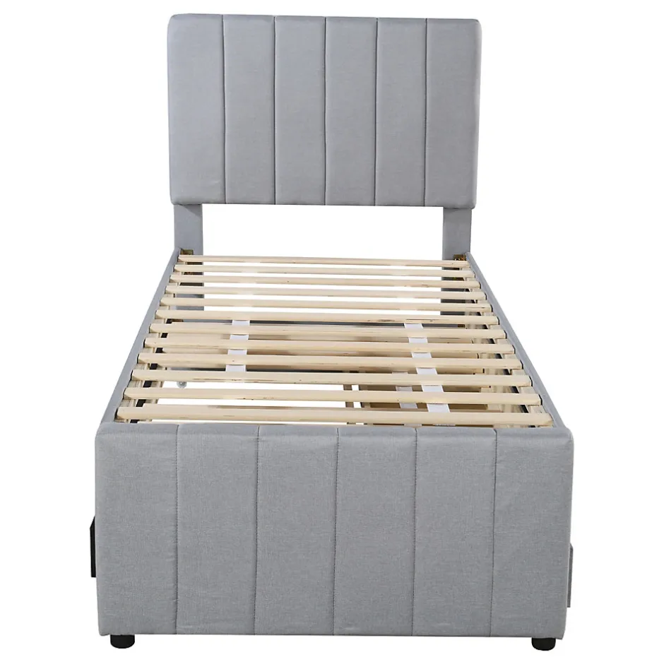 Okwish Lit Gigogne 90x200 cm - Lit enfant avec Tiroirs et Lit Gigogne, Revêtement en Lin, MDF et Métal - sans matelas - Gris