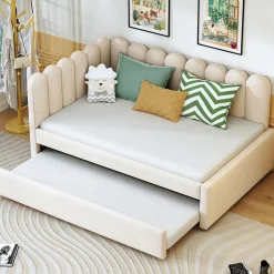 Okwish Lit Gigogne 140x200 cm - Lit Enfant Velours avec Rangement et Lit Extensible L-Forme, Sans Matelas, Beige