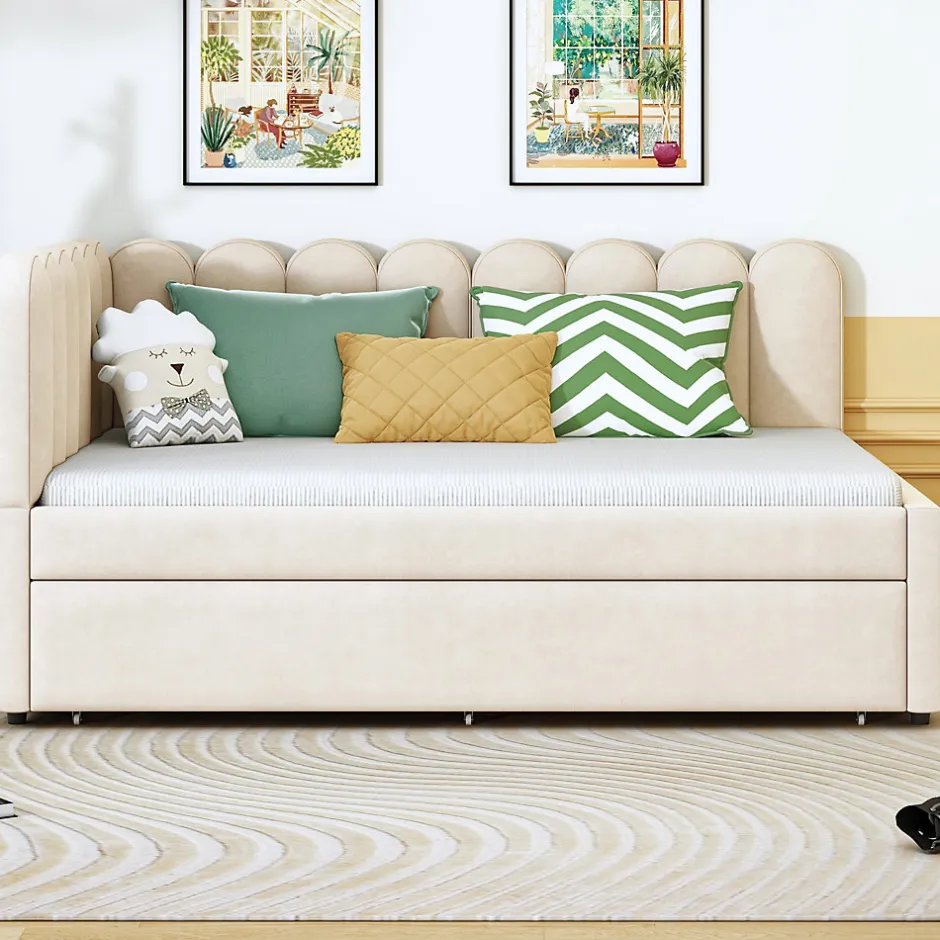 Okwish Lit Gigogne 140x200 cm - Lit Enfant Velours avec Rangement et Lit Extensible L-Forme, Sans Matelas, Beige