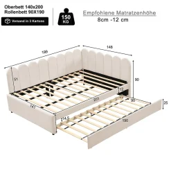 Okwish Lit Gigogne 140x200 cm - Lit Enfant Velours avec Rangement et Lit Extensible L-Forme, Sans Matelas, Beige