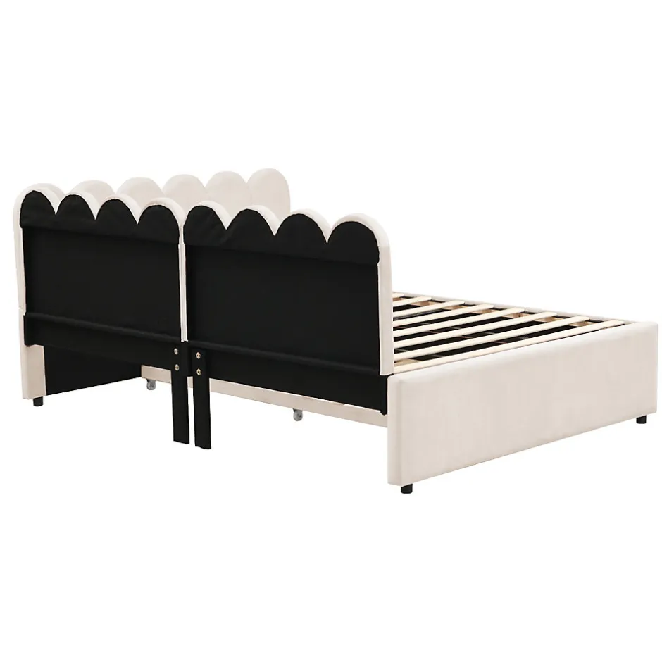 Okwish Lit Gigogne 140x200 cm - Lit Enfant Velours avec Rangement et Lit Extensible L-Forme, Sans Matelas, Beige