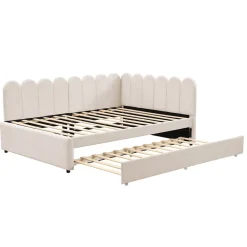 Okwish Lit Gigogne 140x200 cm - Lit Enfant Velours avec Rangement et Lit Extensible L-Forme, Sans Matelas, Beige