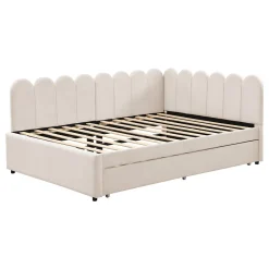 Okwish Lit Gigogne 140x200 cm - Lit Enfant Velours avec Rangement et Lit Extensible L-Forme, Sans Matelas, Beige