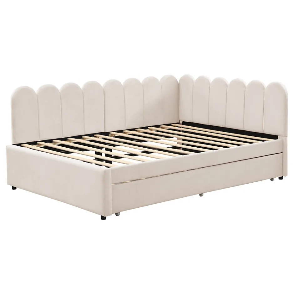 Okwish Lit Gigogne 140x200 cm - Lit Enfant Velours avec Rangement et Lit Extensible L-Forme, Sans Matelas, Beige