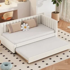 Okwish Lit Gigogne 90x200 cm - Lit enfant et d'Appoint avec Tiroir Intégré, Sommier À Lattes, Velours Beige Sale