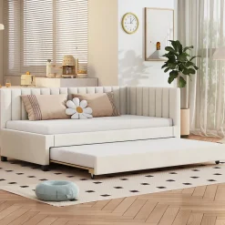 Okwish Lit Gigogne 90x200 cm - Lit enfant et d'Appoint avec Tiroir Intégré, Sommier À Lattes, Velours Beige Sale