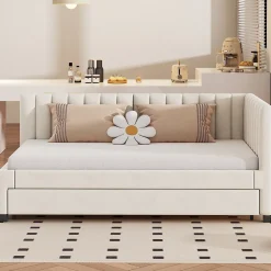 Okwish Lit Gigogne 90x200 cm - Lit enfant et d'Appoint avec Tiroir Intégré, Sommier À Lattes, Velours Beige Sale