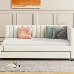 Okwish Lit Gigogne 90x200 cm - Lit enfant et d'Appoint avec Tiroir Intégré, Sommier À Lattes, Velours Beige Sale