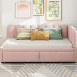 Okwish Lit Gigogne 90x200 cm - Lit Enfant Velours avec Rangement et Lit Extensible, 2-en-1 Multifonction, Sans Matelas, Rose
