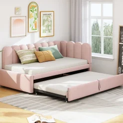 Okwish Lit Gigogne 90x200 cm - Lit Enfant Velours avec Rangement et Lit Extensible, 2-en-1 Multifonction, Sans Matelas, Rose