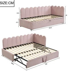 Okwish Lit Gigogne 90x200 cm - Lit Enfant Velours avec Rangement et Lit Extensible, 2-en-1 Multifonction, Sans Matelas, Rose