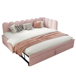 Okwish Lit Gigogne 90x200 cm - Lit Enfant Velours avec Rangement et Lit Extensible, 2-en-1 Multifonction, Sans Matelas, Rose