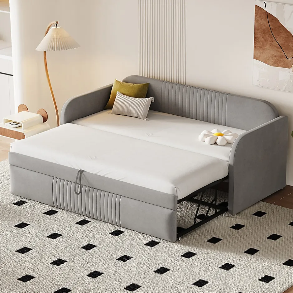 Okwish Lit gigogne 90/180x190 cm - Lit extensible avec tiroir de rangement - Tissu lin respirant gris clair