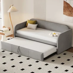 Okwish Lit gigogne 90/180x190 cm - Lit extensible avec tiroir de rangement - Tissu lin respirant gris clair