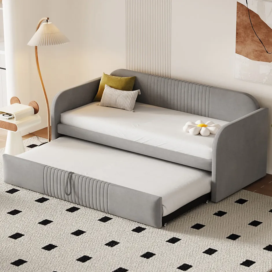 Okwish Lit gigogne 90/180x190 cm - Lit extensible avec tiroir de rangement - Tissu lin respirant gris clair