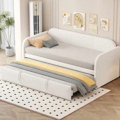 Okwish Lit gigogne 90/180x190 cm - Lit extensible avec sommier à lattes - Tissu lin respirant Beige, sans matelas