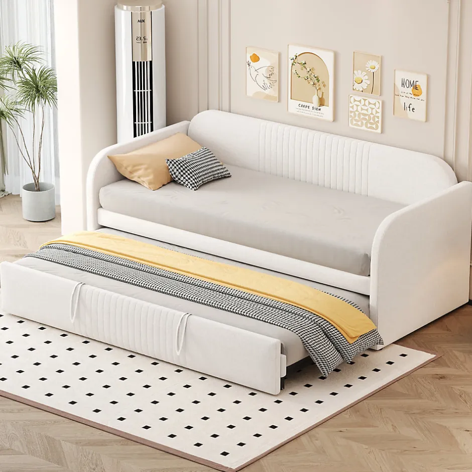 Okwish Lit gigogne 90/180x190 cm - Lit extensible avec sommier à lattes - Tissu lin respirant Beige, sans matelas