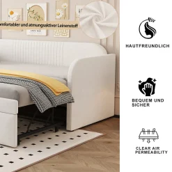 Okwish Lit gigogne 90/180x190 cm - Lit extensible avec sommier à lattes - Tissu lin respirant Beige, sans matelas