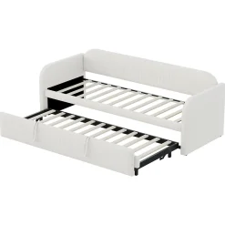 Okwish Lit gigogne 90/180x190 cm - Lit extensible avec sommier à lattes - Tissu lin respirant Beige, sans matelas