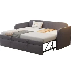 Okwish Lit gigogne 90/180x190 cm - Lit extensible avec tiroir et sommier à lattes - Tissu lin respirant Gris Discount