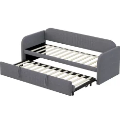 Okwish Lit gigogne 90/180x190 cm - Lit extensible avec tiroir et sommier à lattes - Tissu lin respirant Gris Discount