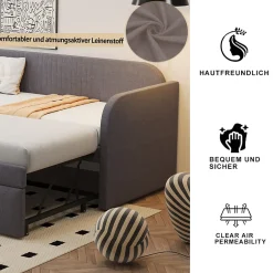 Okwish Lit gigogne 90/180x190 cm - Lit extensible avec tiroir et sommier à lattes - Tissu lin respirant Gris Discount