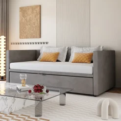 Okwish Lit Gigogne 90/180x200 cm - Lit Multifonction avec Sommier À Lattes, Convertible en deux Lits, Sans Matelas - Gris