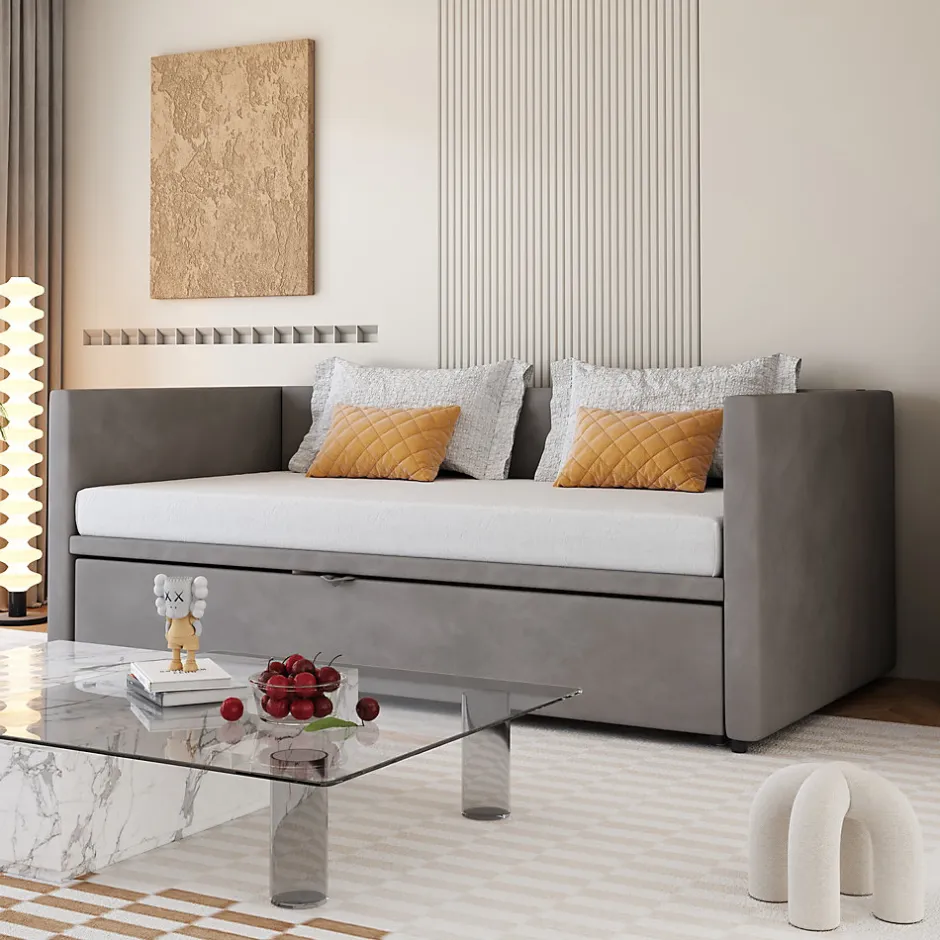 Okwish Lit Gigogne 90/180x200 cm - Lit Multifonction avec Sommier À Lattes, Convertible en deux Lits, Sans Matelas - Gris