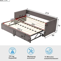 Okwish Lit Gigogne 90/180x200 cm - Lit Multifonction avec Sommier À Lattes, Convertible en deux Lits, Sans Matelas - Gris