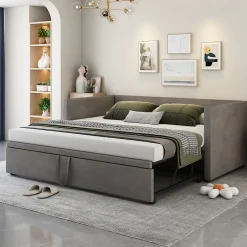 Okwish Lit Gigogne 90/180x200 cm - Lit Multifonction avec Sommier À Lattes, Convertible en deux Lits, Sans Matelas - Gris