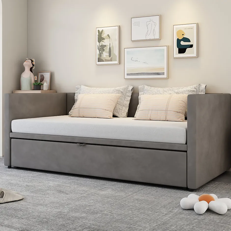 Okwish Lit Gigogne 90/180x200 cm - Lit Multifonction avec Sommier À Lattes, Convertible en deux Lits, Sans Matelas - Gris