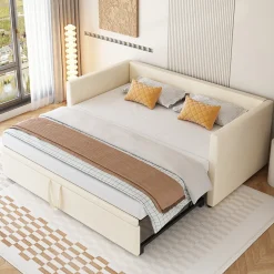Okwish Lit Gigogne 90/180x200 cm - Lit Multifonction avec Sommier À Lattes, Sans Matelas, Velours Doux - Beige