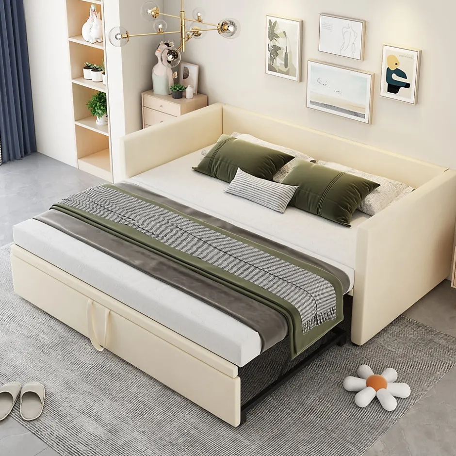 Okwish Lit Gigogne 90/180x200 cm - Lit Multifonction avec Sommier À Lattes, Sans Matelas, Velours Doux - Beige