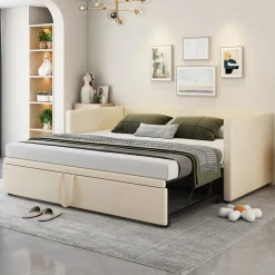 Okwish Lit Gigogne 90/180x200 cm - Lit Multifonction avec Sommier À Lattes, Sans Matelas, Velours Doux - Beige