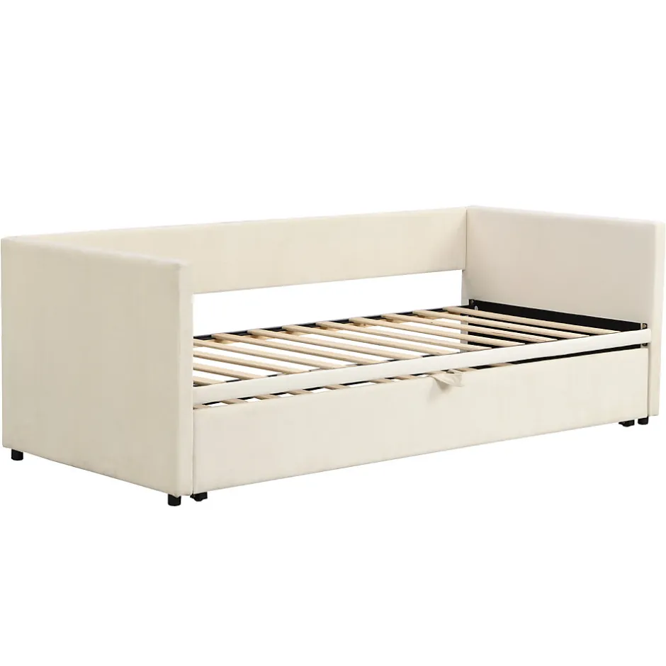Okwish Lit Gigogne 90/180x200 cm - Lit Multifonction avec Sommier À Lattes, Sans Matelas, Velours Doux - Beige