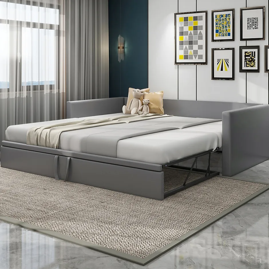 Okwish Lit Gigogne 90/180x200 cm - Lit Multifonction avec Sommier À Lattes, Sans Matelas, en Velours Doux, Gris Hot