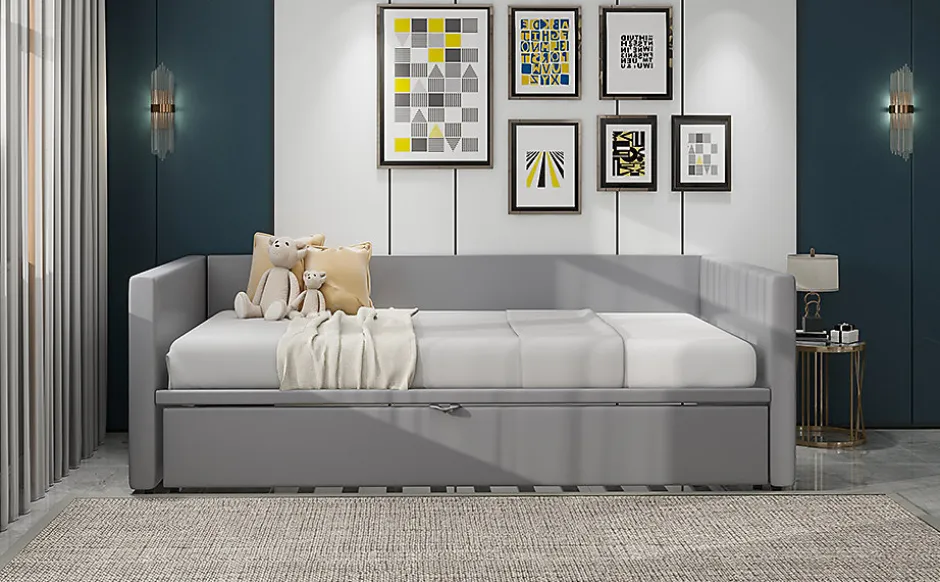 Okwish Lit Gigogne 90/180x200 cm - Lit Multifonction avec Sommier À Lattes, Sans Matelas, en Velours Doux, Gris Hot