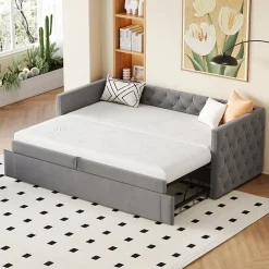 Okwish Lit Gigogne 90x200 cm - Lit Multifonction avec Sommier À Lattes, Convertible pour Chambre d'Amis, en Velours Gris, Sans Matelas