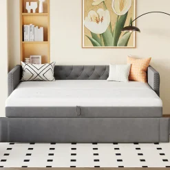 Okwish Lit Gigogne 90x200 cm - Lit Multifonction avec Sommier À Lattes, Convertible pour Chambre d'Amis, en Velours Gris, Sans Matelas