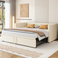 Okwish Lit Gigogne 90/180x200 cm - Lit Multifonction avec Sommier À Lattes, Convertible pour Chambre d'Amis, Velours Beige, Sans Matelas Hot