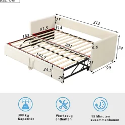 Okwish Lit Gigogne 90/180x200 cm - Lit Multifonction avec Sommier À Lattes, Convertible pour Chambre d'Amis, Velours Beige, Sans Matelas Hot