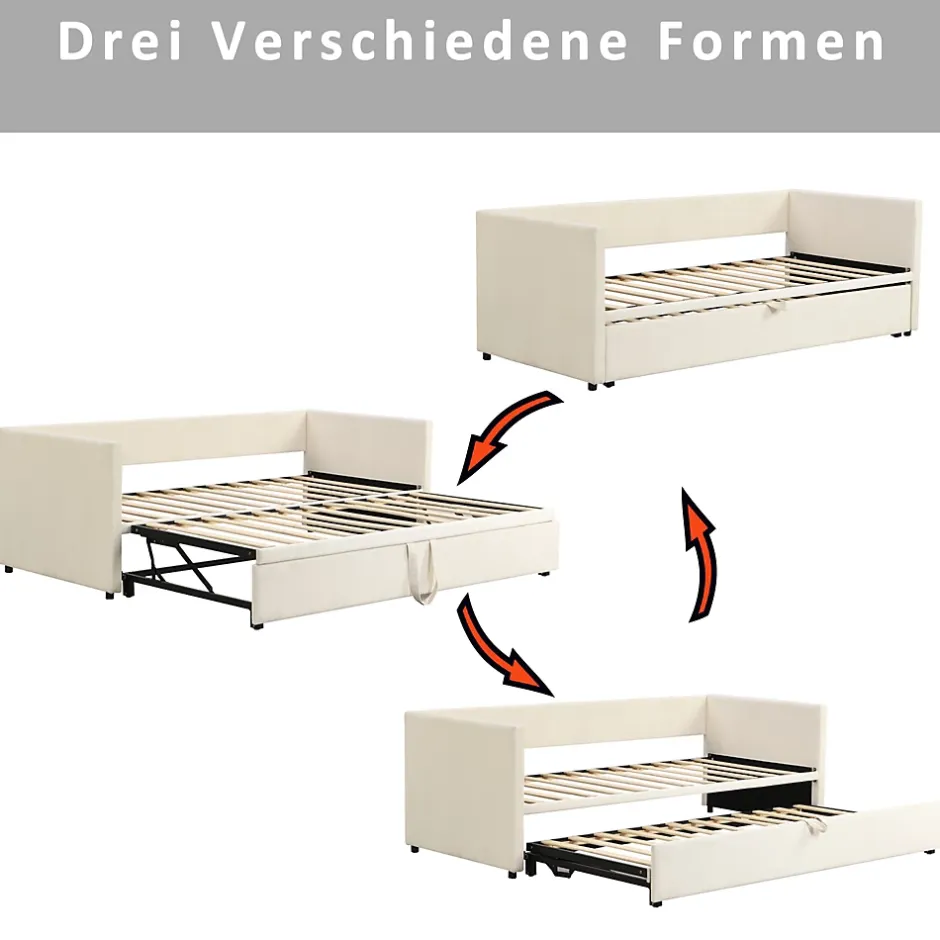 Okwish Lit Gigogne 90/180x200 cm - Lit Multifonction avec Sommier À Lattes, Convertible pour Chambre d'Amis, Velours Beige, Sans Matelas Hot