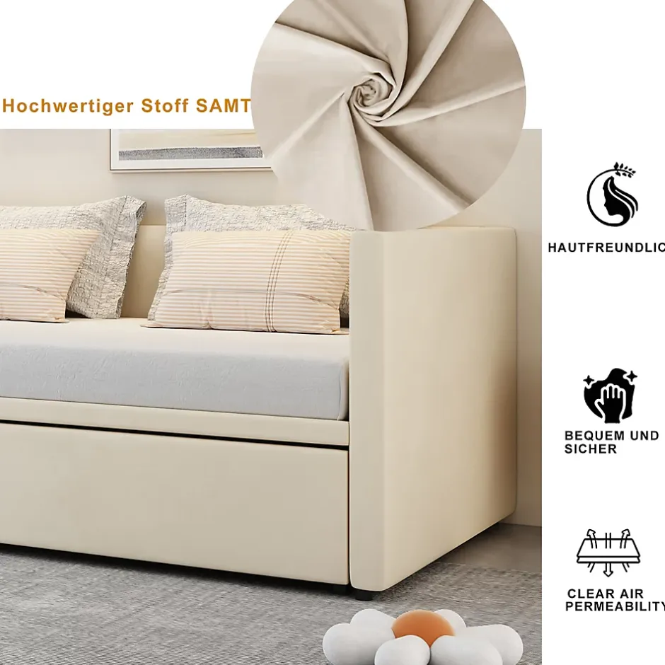 Okwish Lit Gigogne 90/180x200 cm - Lit Multifonction avec Sommier À Lattes, Convertible pour Chambre d'Amis, Velours Beige, Sans Matelas Hot